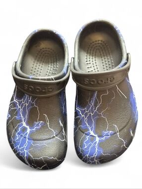 CROCS Kids Black Clogs with Blue Lightning Print